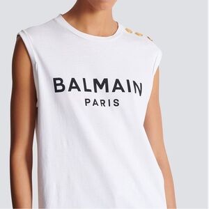 Balmain White Muscle Tee with Gold Accents